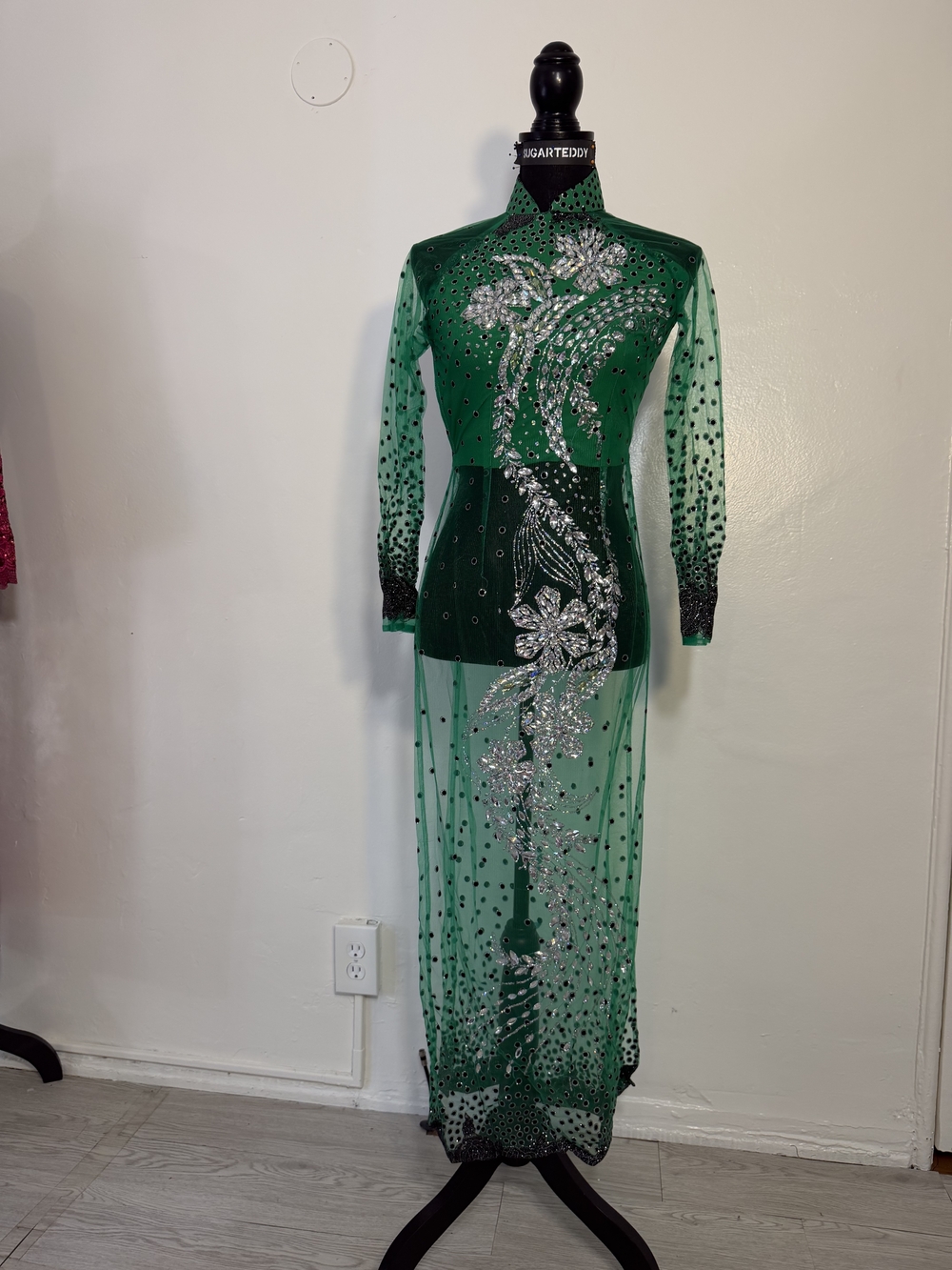 Ao Dai Bundle 3/$30 Vietnamese Emerald Green Sheer Rhinestone Evening Dress
